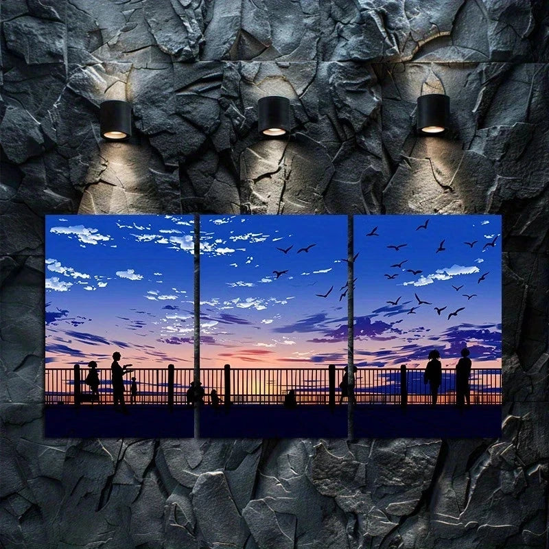 3pcs Anime Sky with Clouds and Silhouettes Metal Print Ready to Hang Art