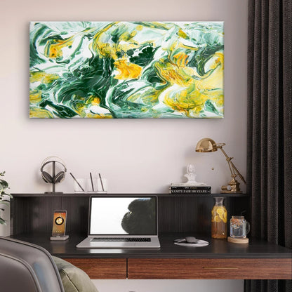 Abstract Green and Yellow Fluid Paint Wall Art Canvas Office Home Framed 120x60cm