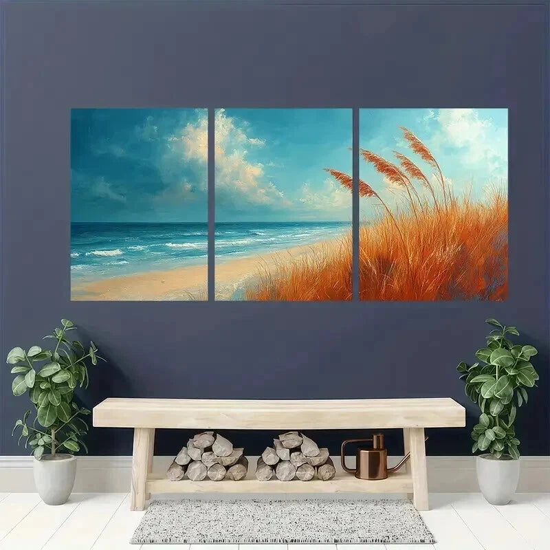 3pcs Beach Scene with Sea Oats Blowing Wall Art Set Canvas Framed 40x60cm - High Quality Print 100% Australian Made Wall Canvas Ready to Hang