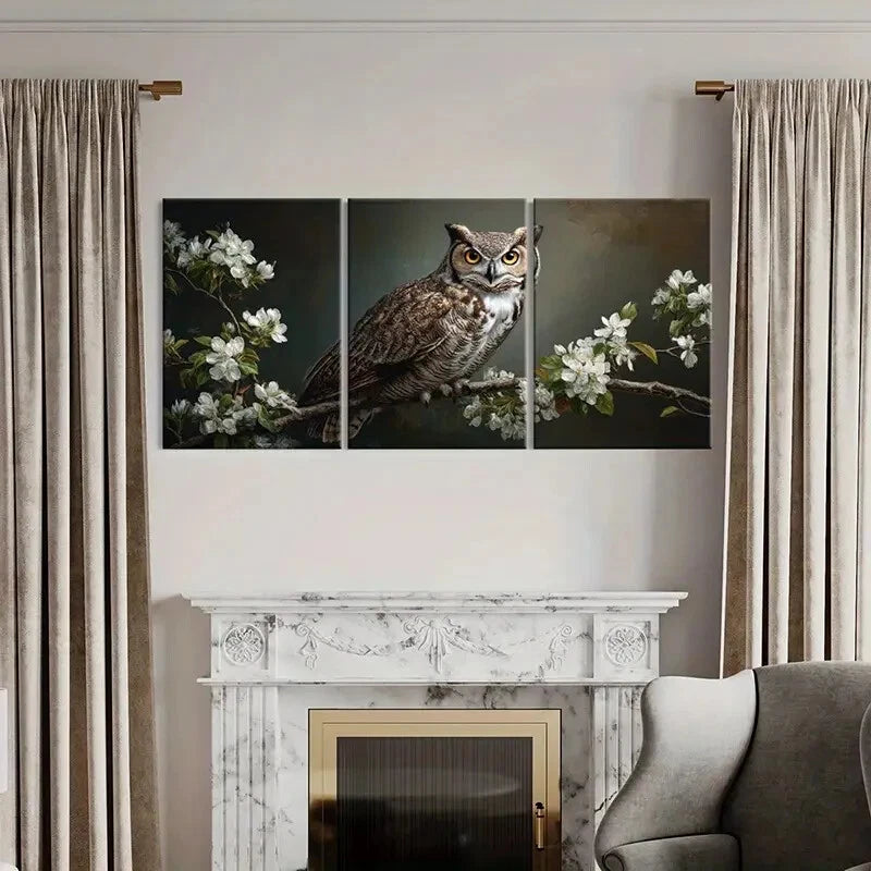 3pcs Owl Artwork Floral Branches Detailed Feathers Metal Print Ready to Hang Art