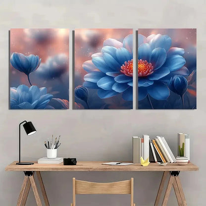 3pcs Vibrant Blue Chrysanthemum Metal Print Ready to Hang Art