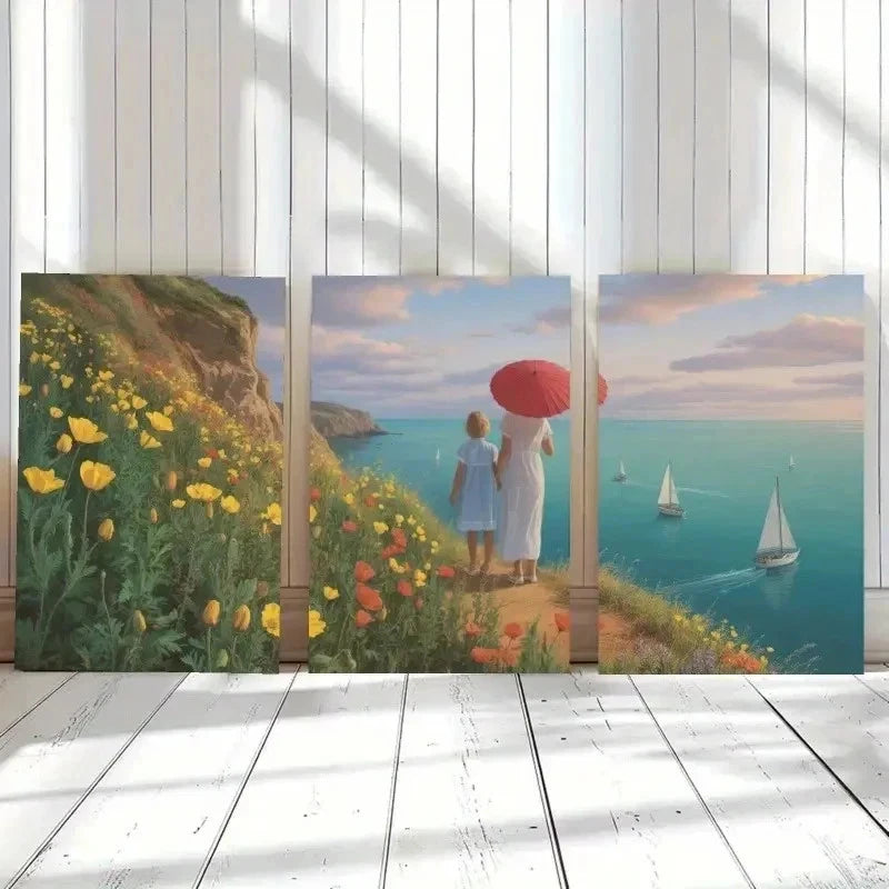 3pcs Seaside Cliff, Wildflowers  Wall Art Set Canvas Framed 40x60cm - High Quality Print 100% Australian Made Wall Canvas Ready to Hang