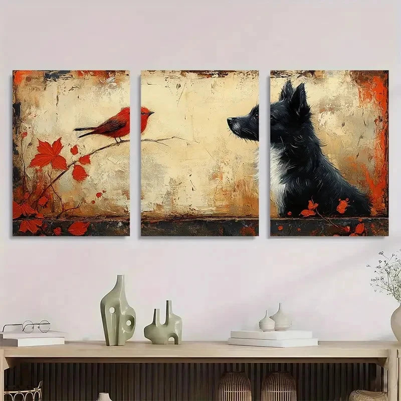 3pcs Modern Abstract Dog And Bird Metal Print Ready to Hang Art