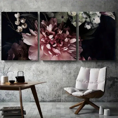 3pcs Dramatic Dark Floral Peony and Hydrangea Metal Print Ready to Hang Art