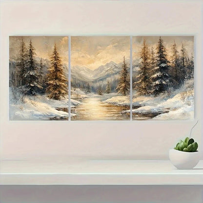 3pcs Serene Snowy Forest and Mountain White Sky Metal Print Ready to Hang Art