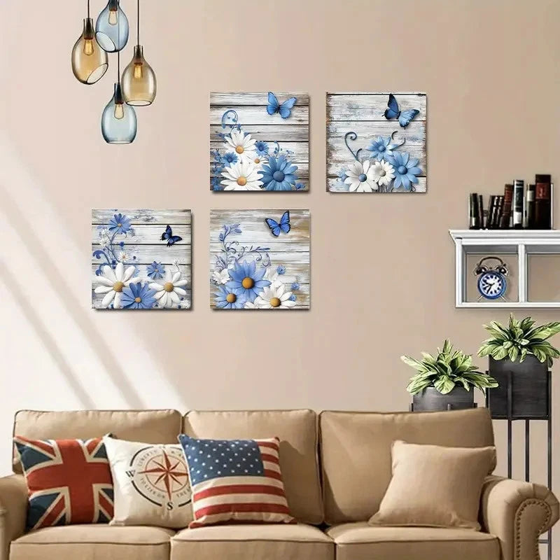 4pcsBlue & White Daisies and Butterflies Wall Art Canvas Framed