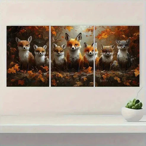 3pcs Fox Family in Vibrant Autumn Forest Wall Art Canvas Unframed - High Quality Print 100% Australian Made Wall Canvas