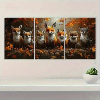 3pcs Fox Family in Vibrant Autumn Forest Wall Art Canvas Unframed - High Quality Print 100% Australian Made Wall Canvas