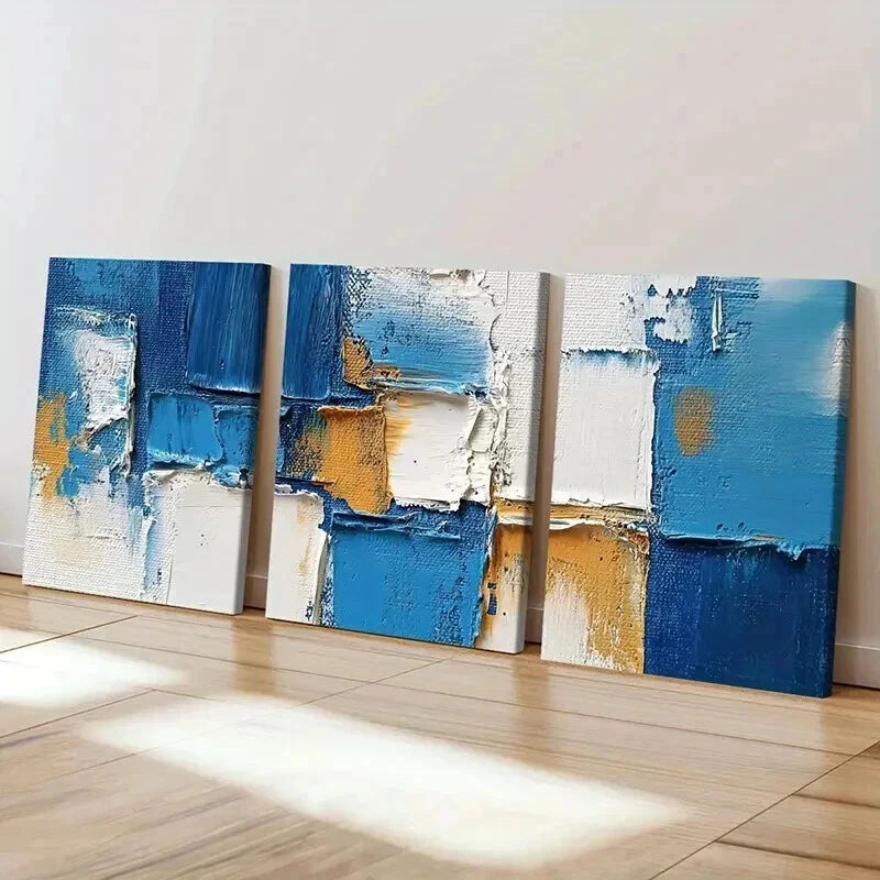 3pcs Abstract Blue Textured Geometric Wall Art Set Canvas Framed 40x60cm - High Quality Print 100% Australian Made Wall Canvas Ready to Hang