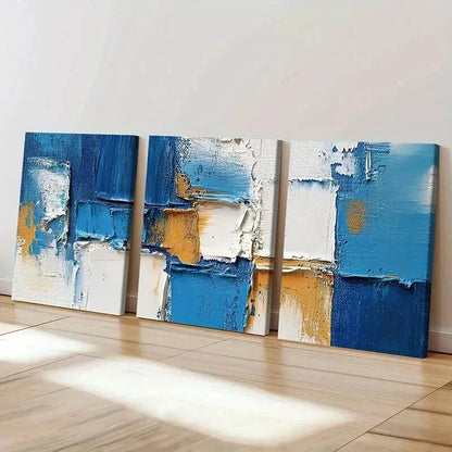 3pcs Abstract Blue Textured Geometric Wall Art Set Canvas Framed 40x60cm - High Quality Print 100% Australian Made Wall Canvas Ready to Hang