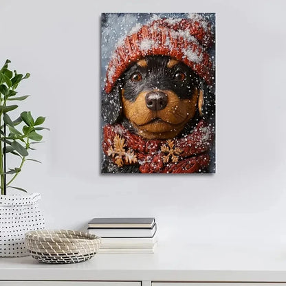 Adorable Rottweiler Puppy Wearing a Winter Painting 40x60cm Metal Print Ready to Hang