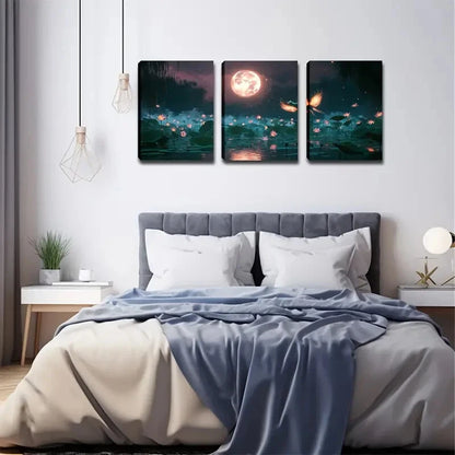 3pcs Moonlight For Lotus Blossoms Perfect Wall Art Set Canvas Framed 40x60cm - High Quality Print 100% Australian Made Wall Canvas Ready to Hang