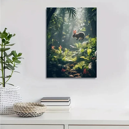 Dreamlike Jungle Scene with Joyful Rabbit 40x60cm Metal Print Ready to Hang