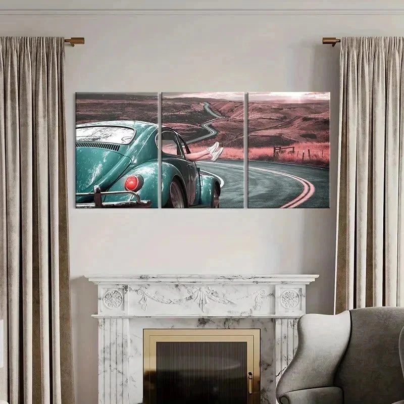 3pcs Vintage Car Travel Scenery Modern Wall Art Set Canvas Framed 40x60cm - High Quality Print 100% Australian Made Wall Canvas Ready to Hang