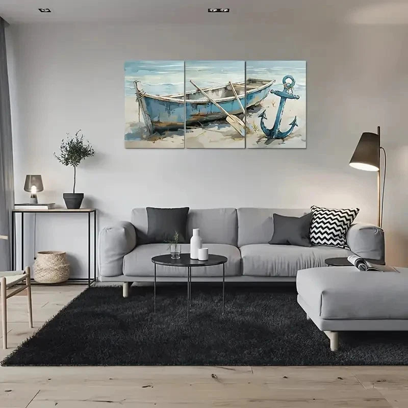 3pcs Rustic Boat and Anchor Nautical Metal Print Ready to Hang Art