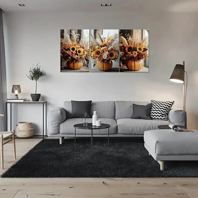 3pcs Autumn Harvest Pumpkin Vase with Sunflowers Metal Print Ready to Hang Art