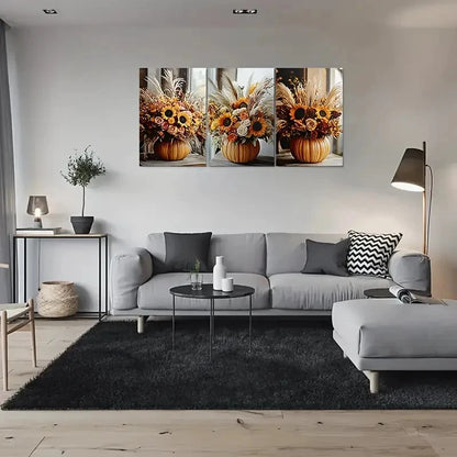 3pcs Autumn Harvest Pumpkin Vase with Sunflowers Metal Print Ready to Hang Art
