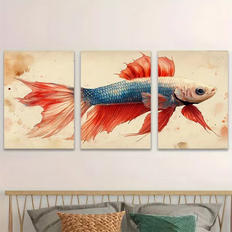 3pcs Aquarell white Betta Fish Painting Metal Print Ready to Hang Art