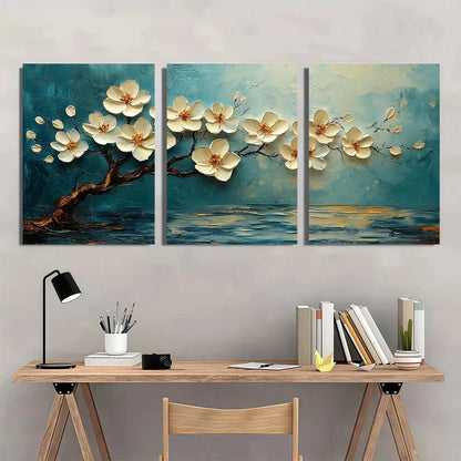 3pcs White Blossomed Tree Abstract Metal Print Ready to Hang Art