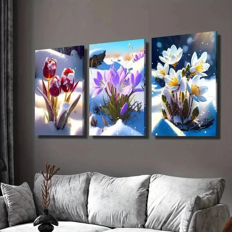 3pcs Red Tulip & Crocus in Snow Surface Wall Art Set Canvas Framed 40x60cm - High Quality Print 100% Australian Made Wall Canvas Ready to Hang