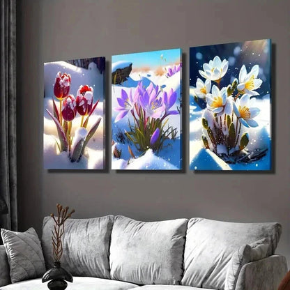 3pcs Red Tulip & Crocus in Snow Surface Wall Art Set Canvas Framed 40x60cm - High Quality Print 100% Australian Made Wall Canvas Ready to Hang