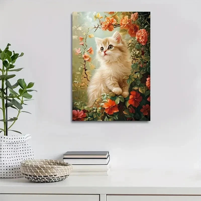 Cute Persian Kitten with Flowers Painting 40x60cm Metal Print Ready to Hang