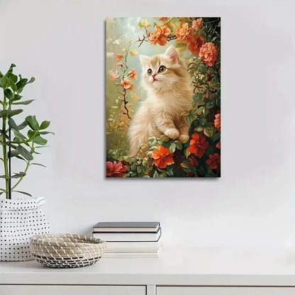 Cute Persian Kitten with Flowers Painting 40x60cm Metal Print Ready to Hang