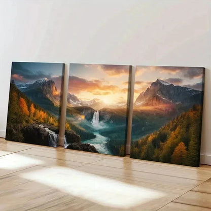 3pcs Valley Canyon Waterfall River Decor Wall Art Set Canvas Framed 40x60cm - High Quality Print 100% Australian Made Wall Canvas Ready to Hang