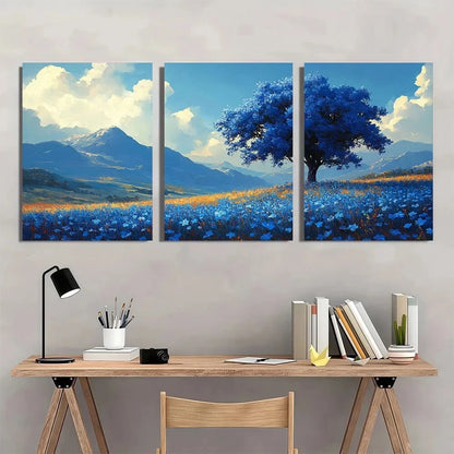 3pcs Modern Blue Tree Meadow Mountains and Flowers Metal Print Ready to Hang Art