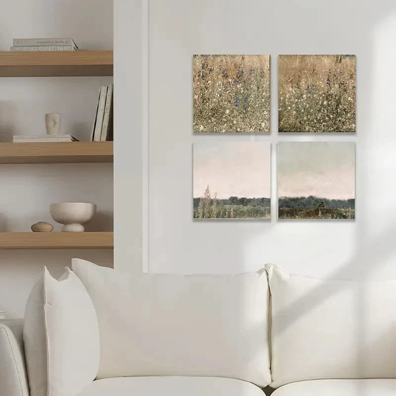 4pcs Vintage Wall Art, Wildflower Field Set Wall Art Canvas Framed