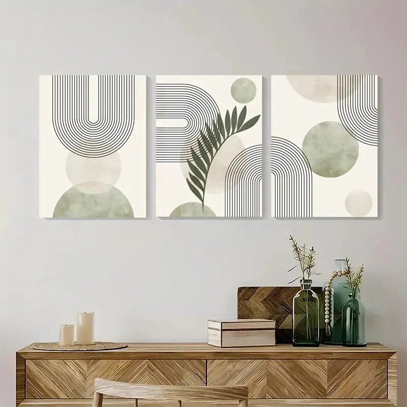 3pcs Abstract Sage Green Geometric Line Print Metal Print Ready to Hang Art