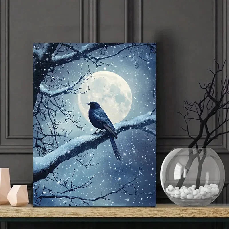 Moonlit Night Bird On Old Tree Painting  40x60cm Metal Print Ready to Hang