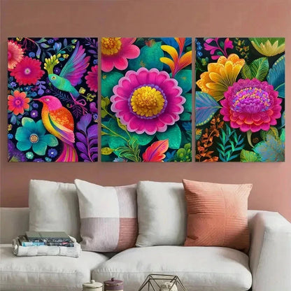 3pcs Asian Floral Nature Vibrant Perfect Wall Art Set Canvas Framed 40x60cm - High Quality Print 100% Australian Made Wall Canvas Ready to Hang