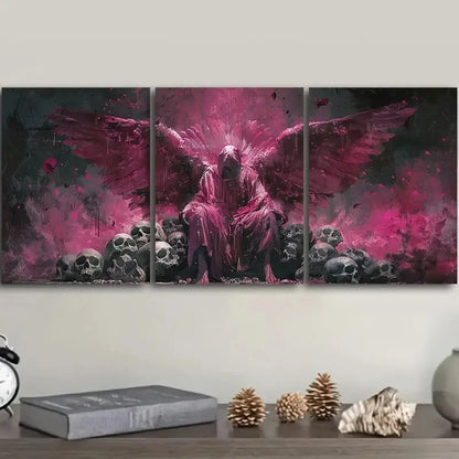 3pcs Angel Falling into BonesPink Wings and Skulls Metal Print Ready to Hang Art