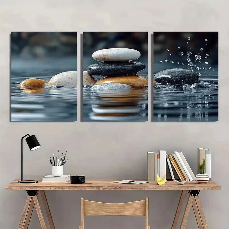 3pcs White for Lotus Black Zen Stones Metal Print Ready to Hang Art