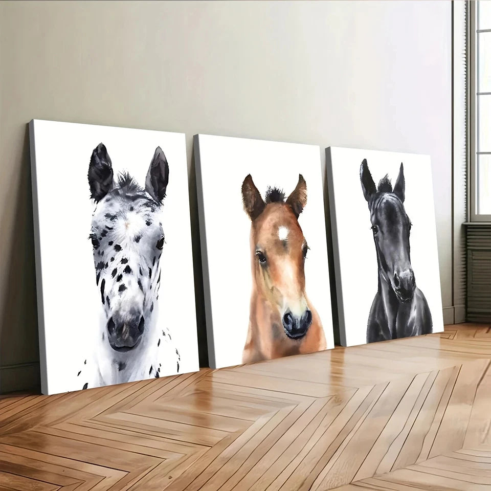 3pcs Chic Horse Modern Animal White Brown Black Wall Art Set Canvas Framed 40x60cm - High Quality Print 100% Australian Made Wall Canvas Ready to Hang - Bella Home Decor