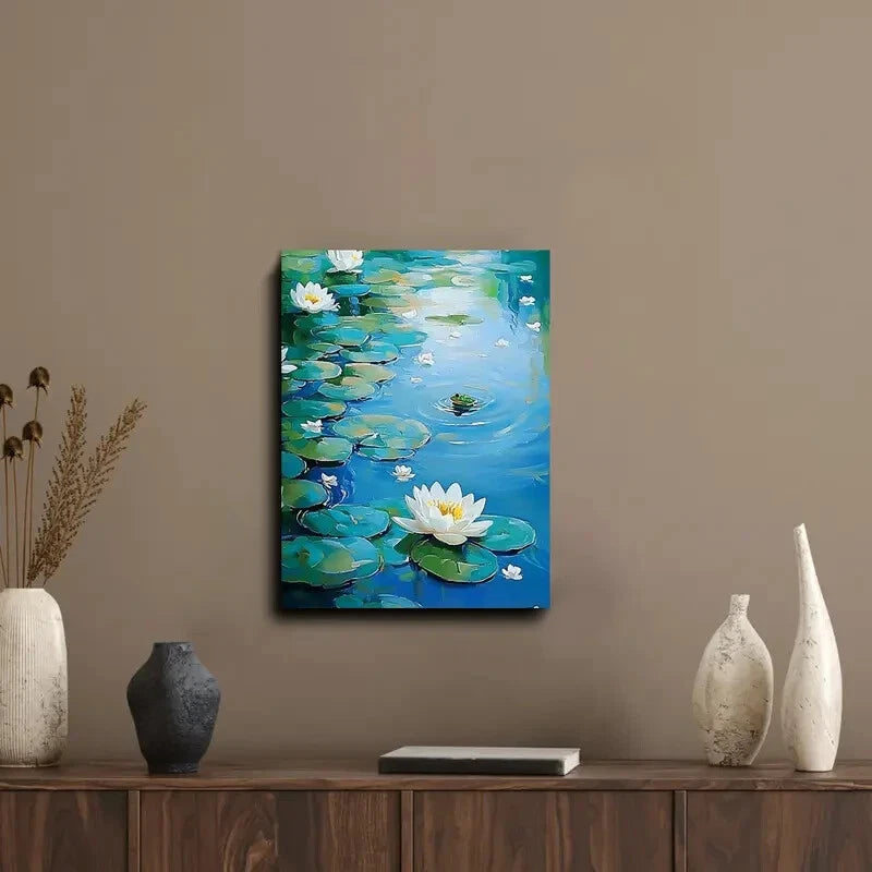Serene Pond and Water Lilies Scene with Frog 40x60cm Metal Print Ready to Hang