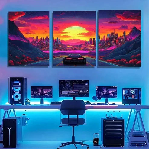 3pcs Futuristic Retro Neon Supercar Perfect Wall Art Set Canvas Unframed - High Quality Print 100% Australian Made Wall Canvas