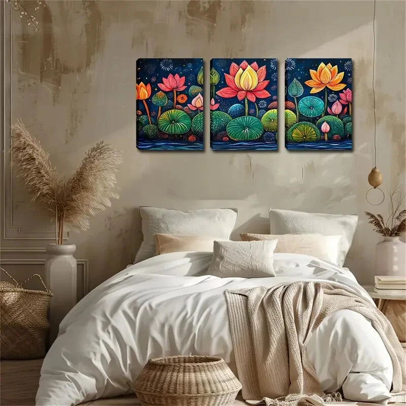 3pcs Colorful Lotus Flowers Triptychs Perfect Wall Art Set Canvas Framed 40x60cm - High Quality Print 100% Australian Made Wall Canvas Ready to Hang
