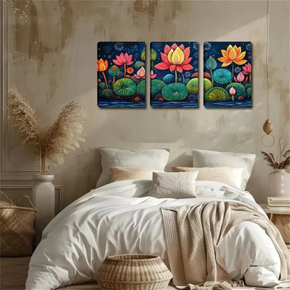 3pcs Colorful Lotus Flowers Triptychs Perfect Wall Art Set Canvas Framed 40x60cm - High Quality Print 100% Australian Made Wall Canvas Ready to Hang