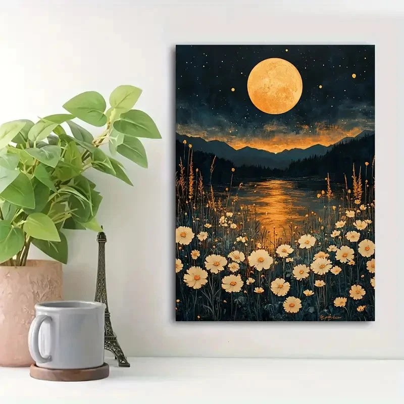 Beautiful Night Sky with White Wildflowers 40x60cm Metal Print Ready to Hang