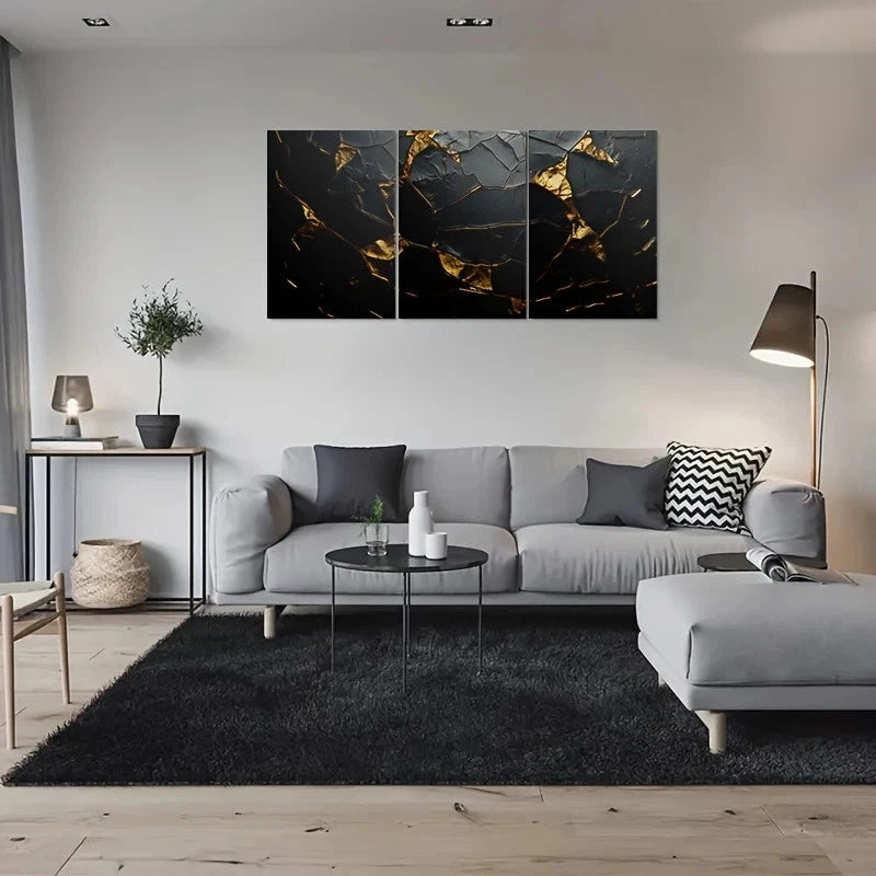 3pcs Modern Abstract Black & Golden Metal Print Ready to Hang Art