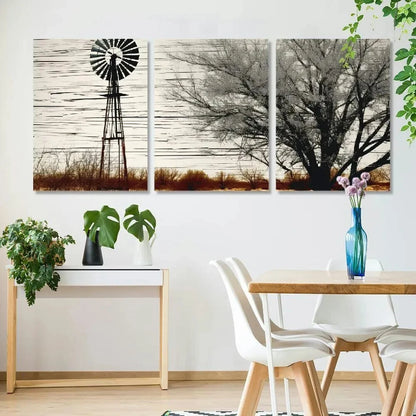 3pcs Rustic Windmill & Trees Black & White Metal Print Ready to Hang Art