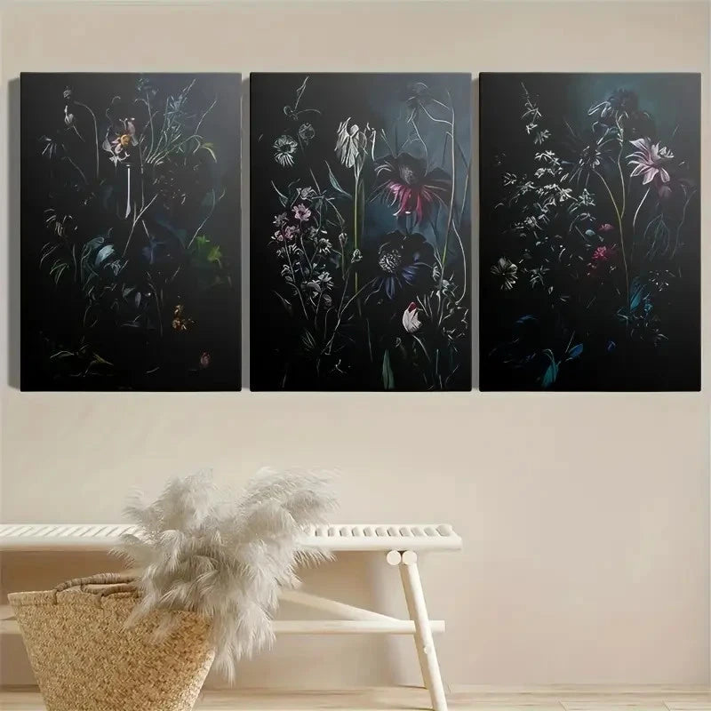 3pcs Dark Blue & Black Botanical Prints Metal Print Ready to Hang Art