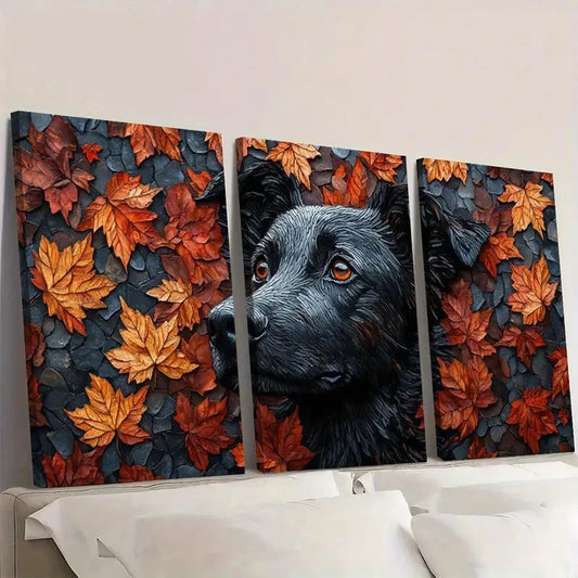 3pcs Leaf Dog Vibrant Autumn Foliage Design Wall Art Set Canvas Framed 60x90cm - High Quality Print 100% Australian Made Wall Canvas Ready to Hang