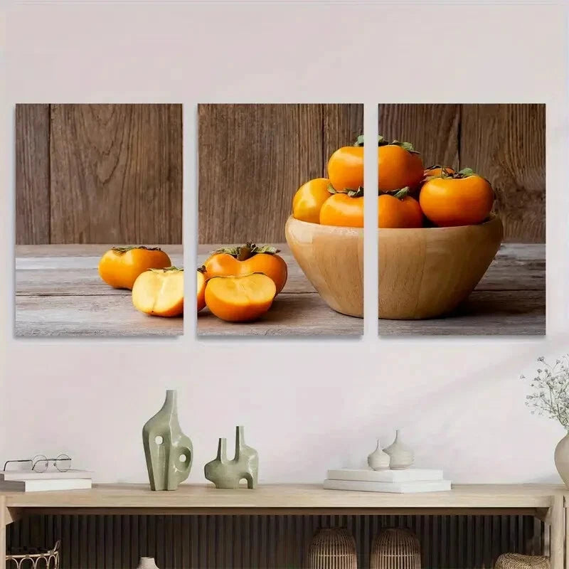 3pcs Vibrant Persimmon Fruit Design Metal Print Ready to Hang Art