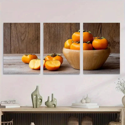 3pcs Vibrant Persimmon Fruit Design Metal Print Ready to Hang Art
