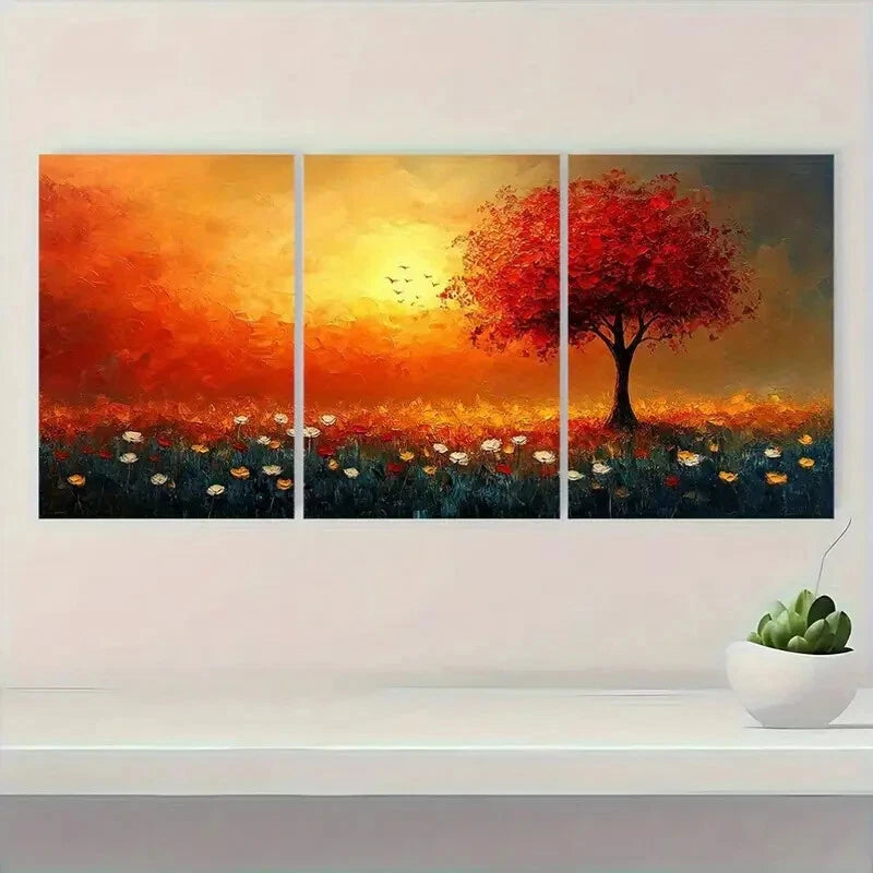 3pcs Colorful Dandelion Field & Tree Scenery Metal Print Ready to Hang Art