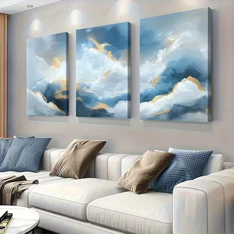 3pcs Landscape with Blue & Golden Brushstrokes Wall Art Set Canvas Framed 60x90cm - High Quality Print 100% Australian Made Wall Canvas Ready to Hang