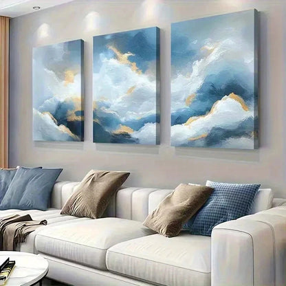 3pcs Landscape with Blue & Golden Brushstrokes Wall Art Set Canvas Framed 60x90cm - High Quality Print 100% Australian Made Wall Canvas Ready to Hang